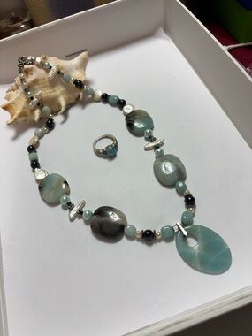 Artisan Gemstones and Pearl Necklace @18” w Larimar Ring